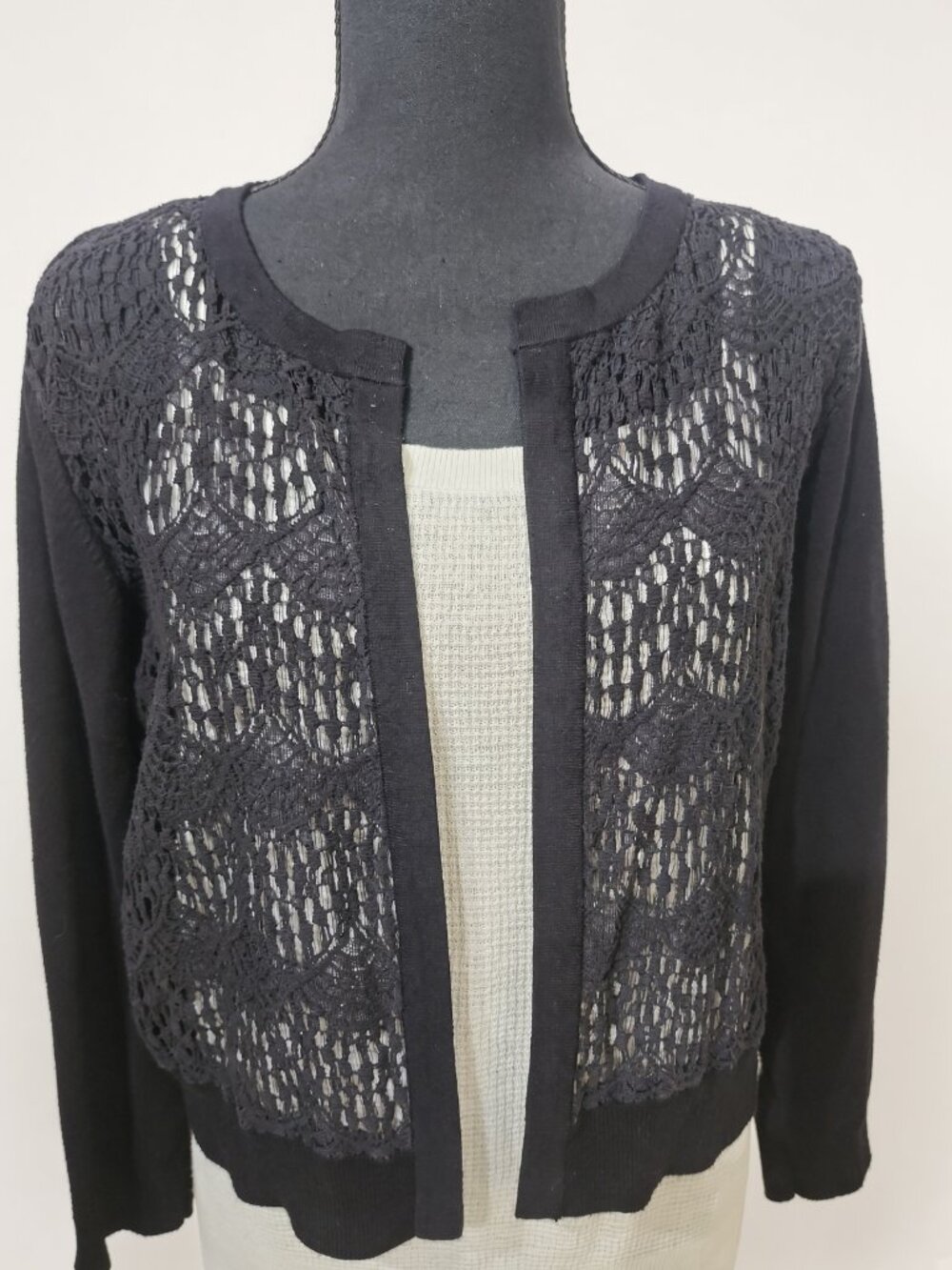 DKNY Black Crochet Open Front Cardigan Size L